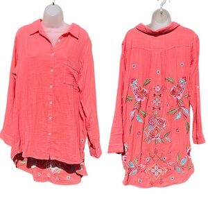 KYLA SEO Womens XXL Coral Pink Cotton Gauze Embroidered Long Sleeve Tunic Blouse